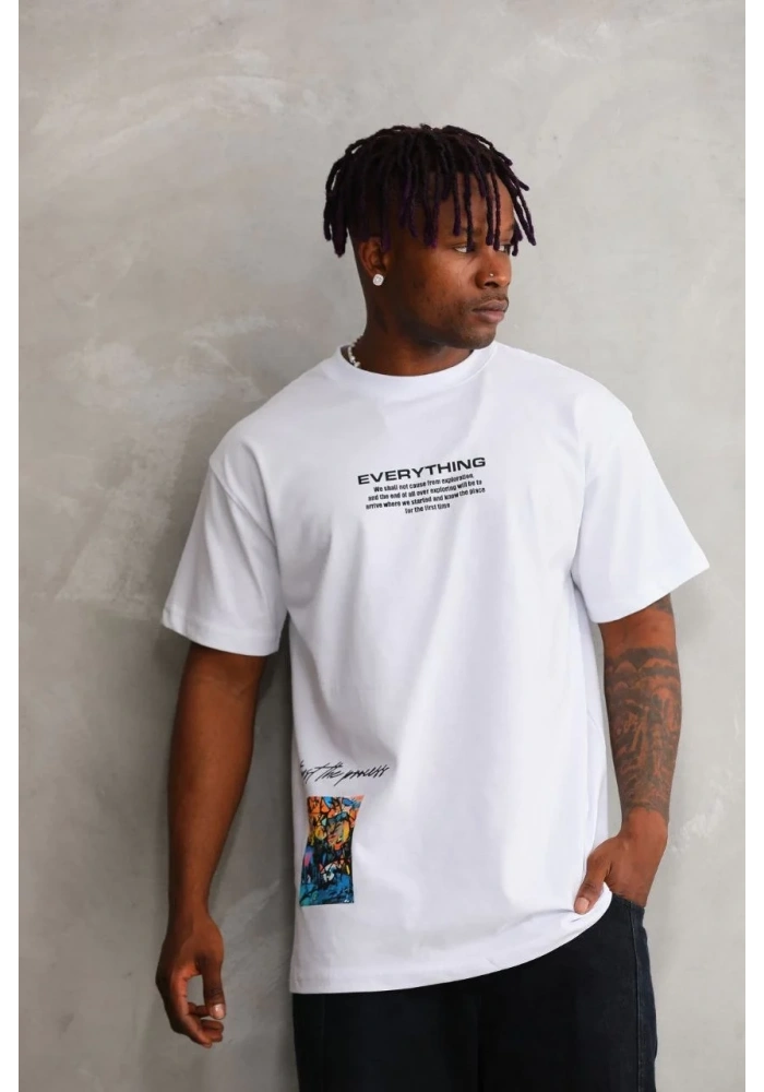 Erkek Bisiklet Yaka Baskılı Oversize T-Shirt - Beyaz