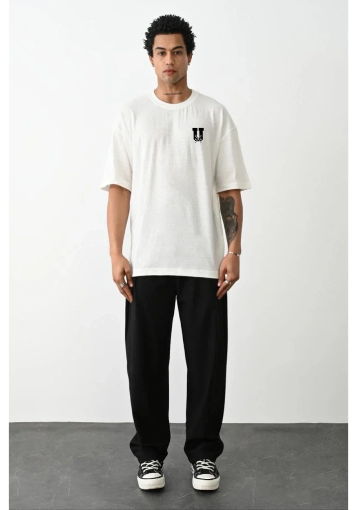 Erkek Kısa Kol Yazlık Tişört Bisiklet Yaka Baskılı Oversize T-Shirt - Beyaz