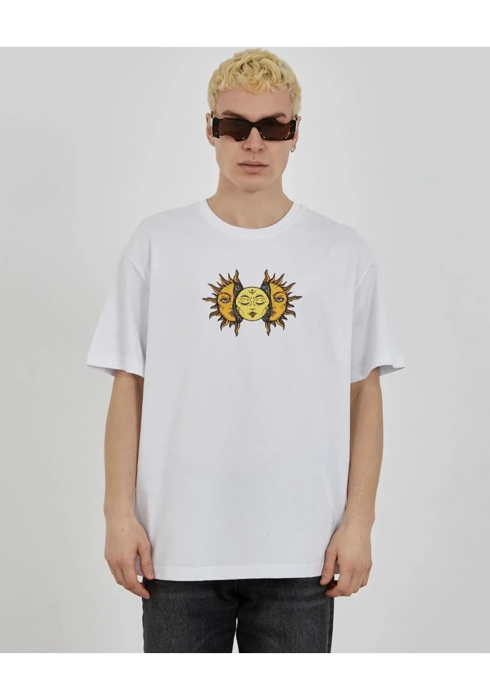 Erkek Kısa Kol Yazlık Tişört Bisiklet Yaka Baskılı Oversize T-Shirt - Beyaz