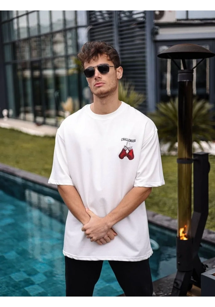 Erkek Kısa Kol Tişört Bisiklet Yaka Boxy Eldiven Baskılı T-Shirt - Beyaz