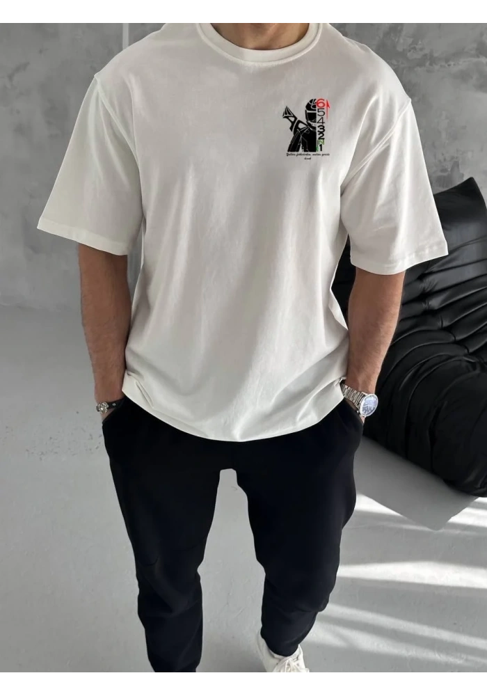 Erkek Kısa Kol Yazlık Tişört Bisiklet Yaka Baskılı Oversize T-Shirt - Beyaz