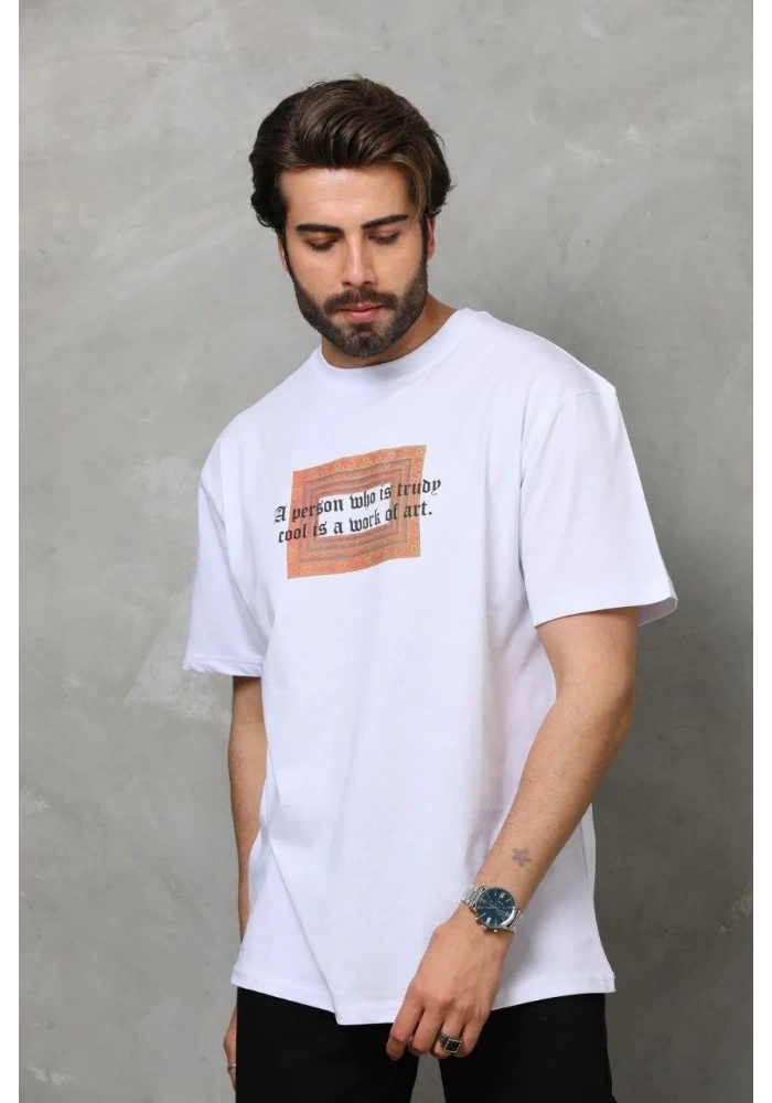 Erkek Baskılı T-Shirt Kısa Kol Bisiklet Yaka Regular Fit Rahat Kalıp Tişört -  Beyaz
