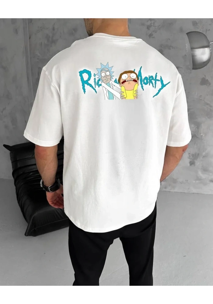Erkek Kısa Kol Tişört Bisiklet Yaka RİCK AND MORTY Baskılı T-Shirt - Beyaz