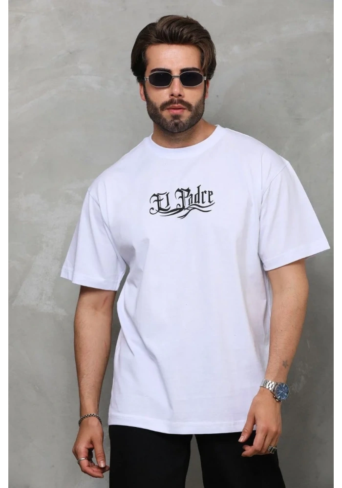 Erkek Kısa Kol Yazlık Tişört Bisiklet Yaka Baskılı Oversize T-Shirt - Beyaz