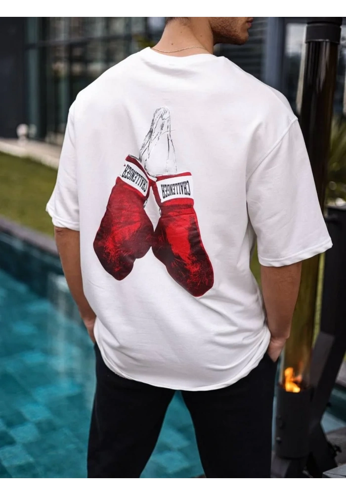 Erkek Kısa Kol Tişört Bisiklet Yaka Boxy Eldiven Baskılı T-Shirt - Beyaz