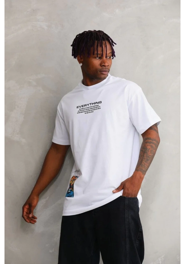 Erkek Bisiklet Yaka Baskılı Oversize T-Shirt - Beyaz
