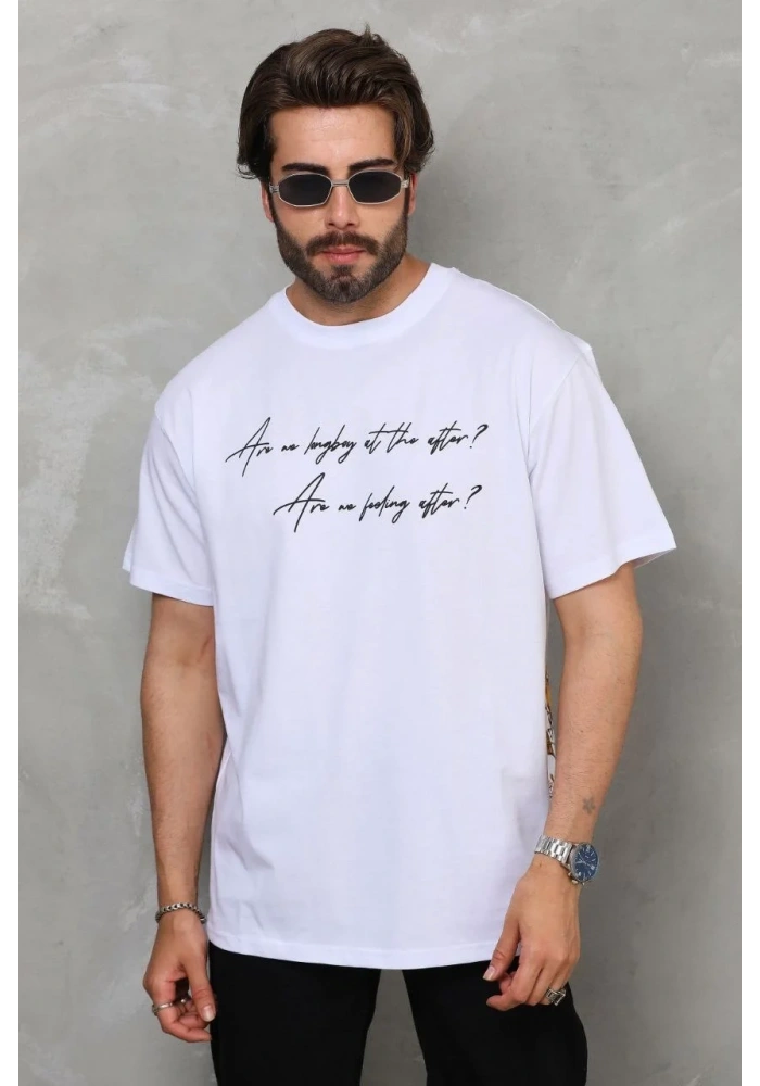 Erkek Kısa Kol Yazlık Tişört Bisiklet Yaka Baskılı Oversize T-Shirt - Beyaz