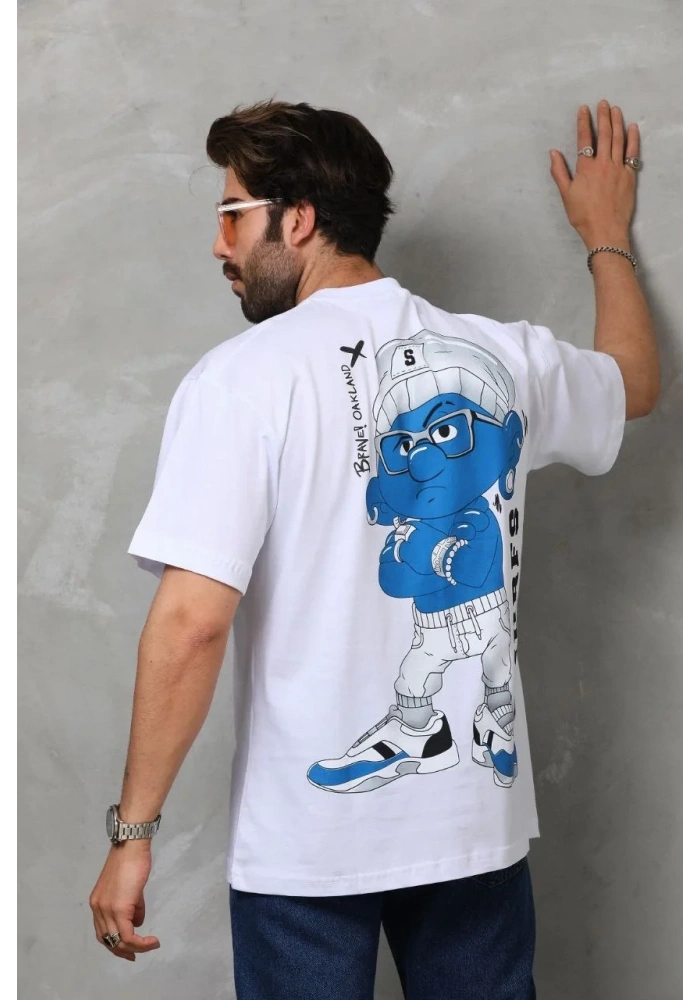 Erkek Kısa Kol Yazlık Tişört Bisiklet Yaka Baskılı Oversize T-Shirt - Beyaz