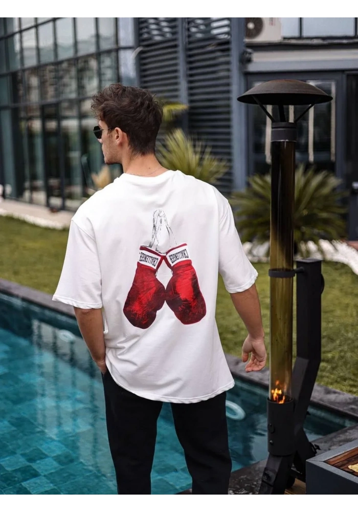 Erkek Kısa Kol Tişört Bisiklet Yaka Boxy Eldiven Baskılı T-Shirt - Beyaz