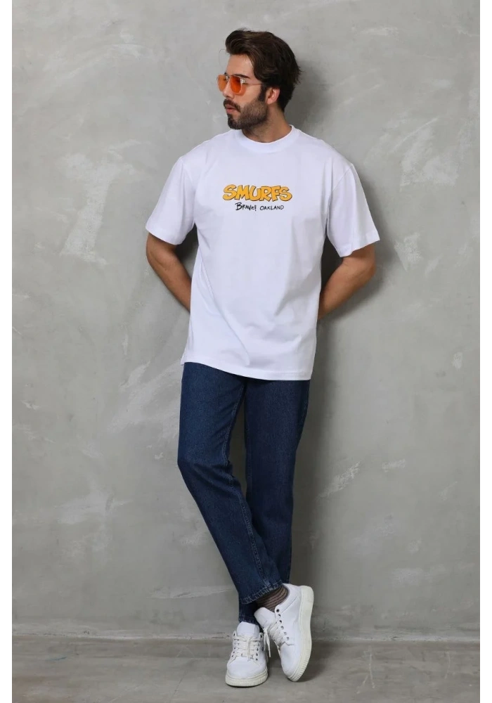 Erkek Kısa Kol Yazlık Tişört Bisiklet Yaka Baskılı Oversize T-Shirt - Beyaz