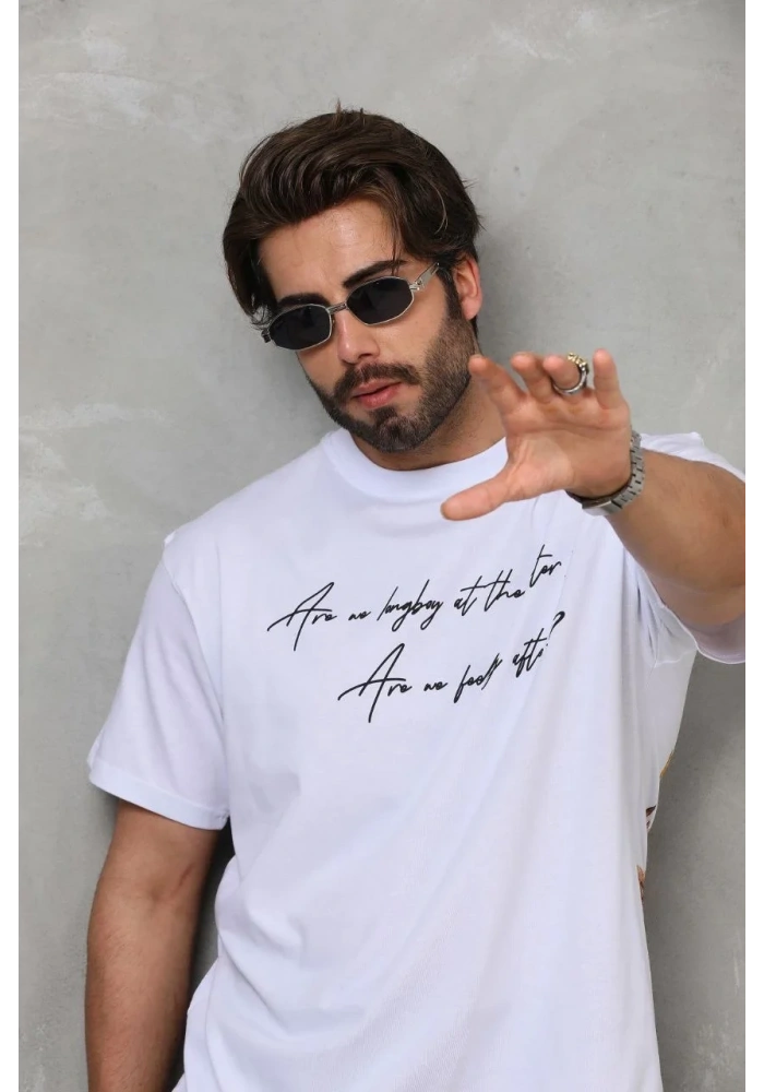 Erkek Kısa Kol Yazlık Tişört Bisiklet Yaka Baskılı Oversize T-Shirt - Beyaz