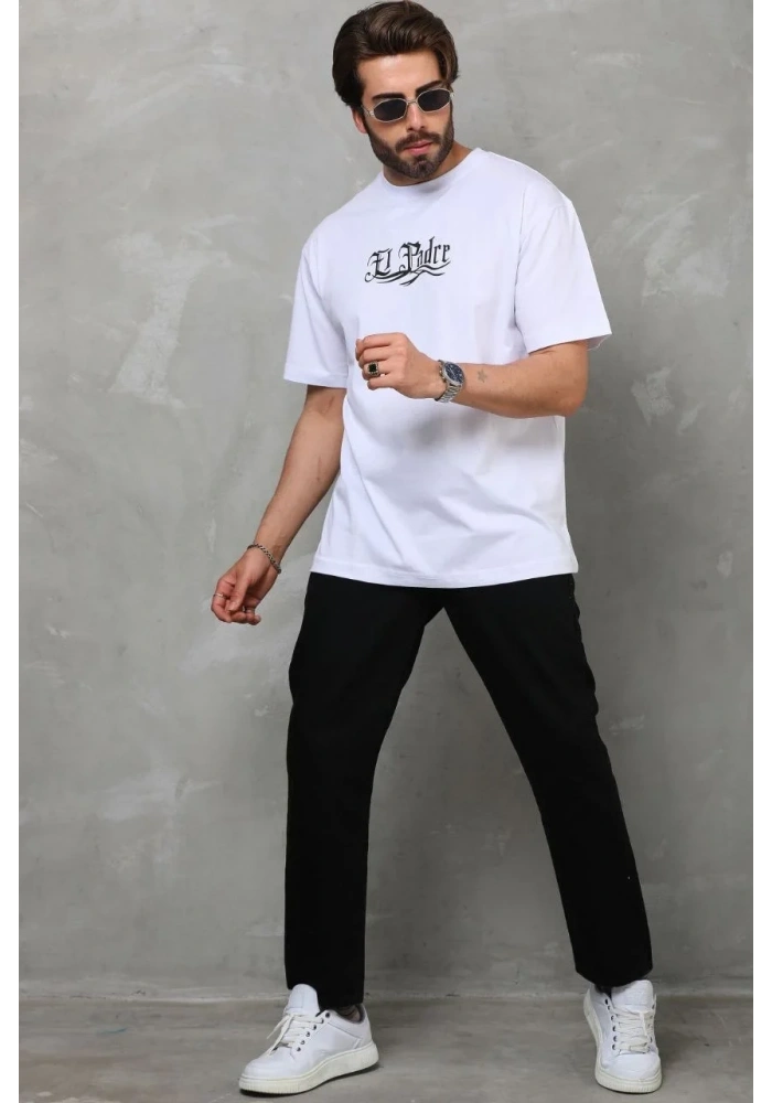 Erkek Kısa Kol Yazlık Tişört Bisiklet Yaka Baskılı Oversize T-Shirt - Beyaz