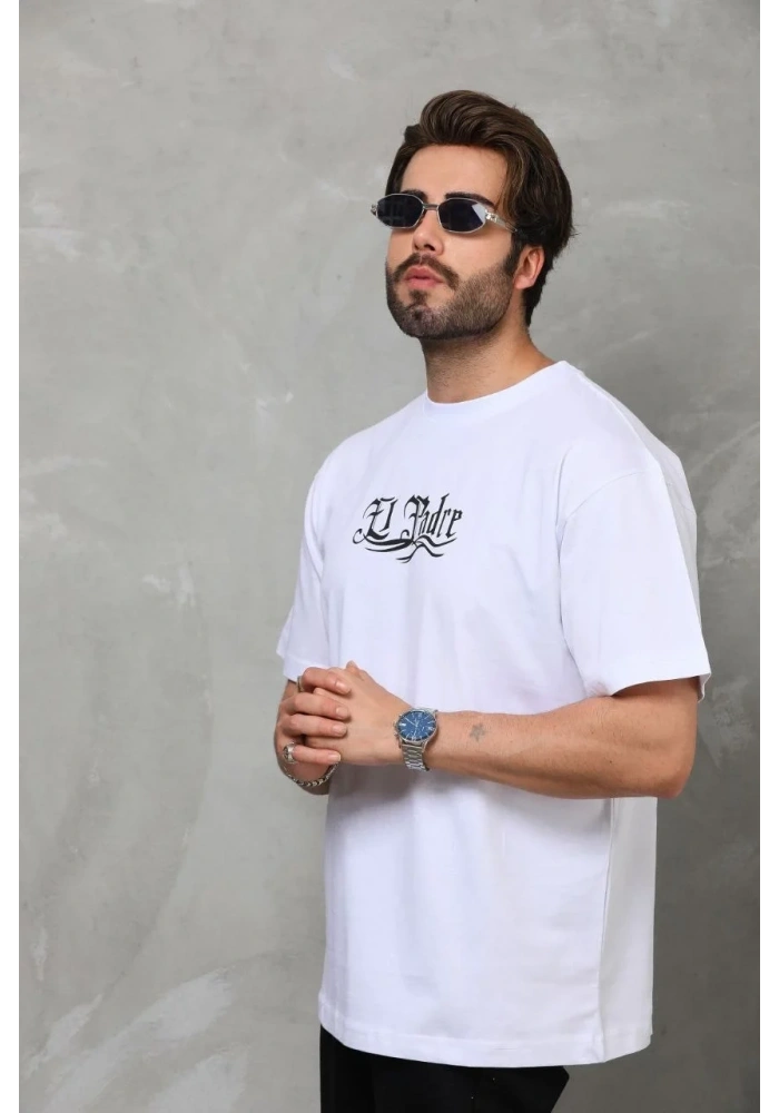 Erkek Kısa Kol Yazlık Tişört Bisiklet Yaka Baskılı Oversize T-Shirt - Beyaz