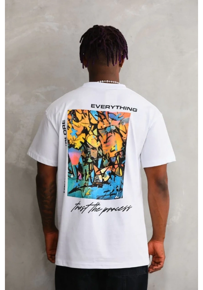 Erkek Bisiklet Yaka Baskılı Oversize T-Shirt - Beyaz