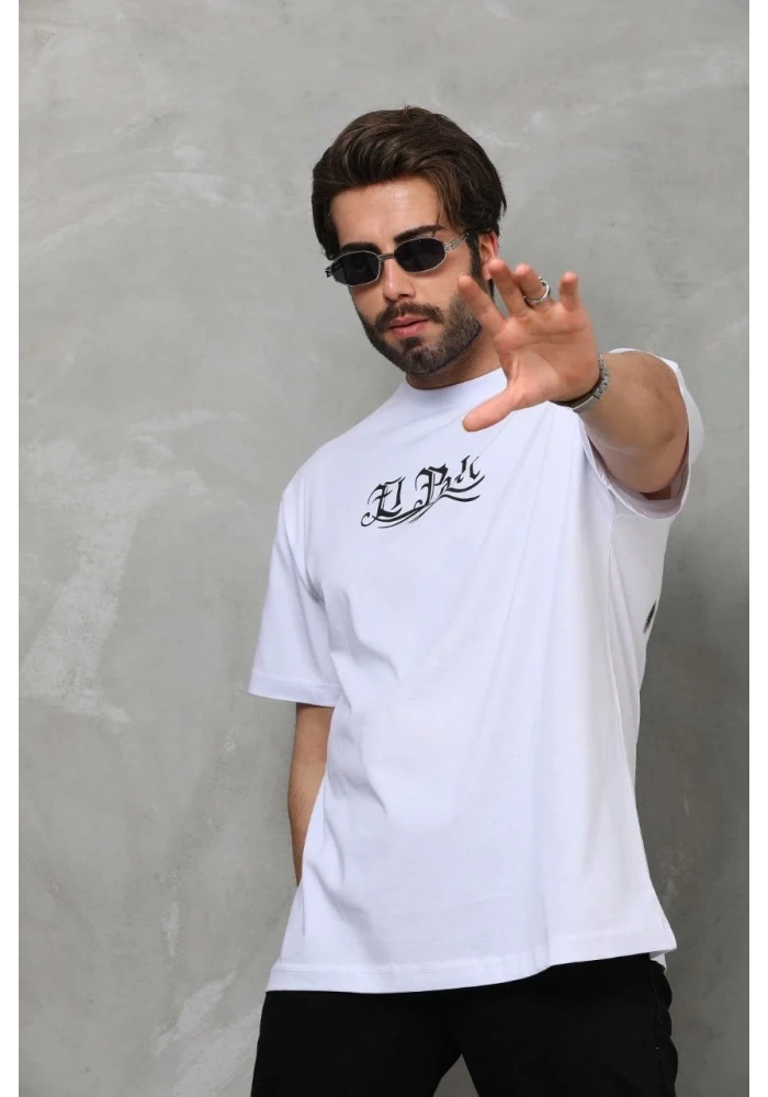 Erkek Kısa Kol Yazlık Tişört Bisiklet Yaka Baskılı Oversize T-Shirt - Beyaz