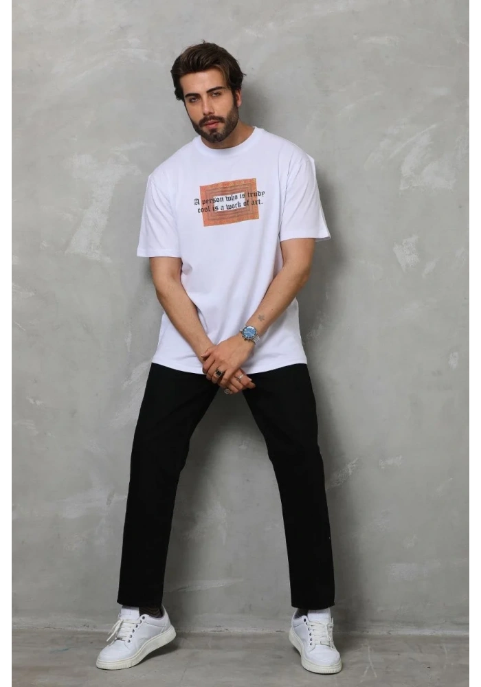 Erkek Baskılı T-Shirt Kısa Kol Bisiklet Yaka Regular Fit Rahat Kalıp Tişört -  Beyaz