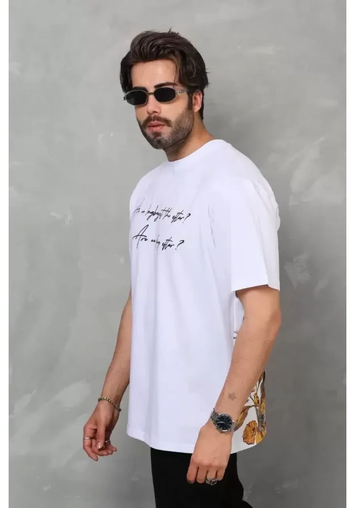 Erkek Kısa Kol Yazlık Tişört Bisiklet Yaka Baskılı Oversize T-Shirt - Beyaz
