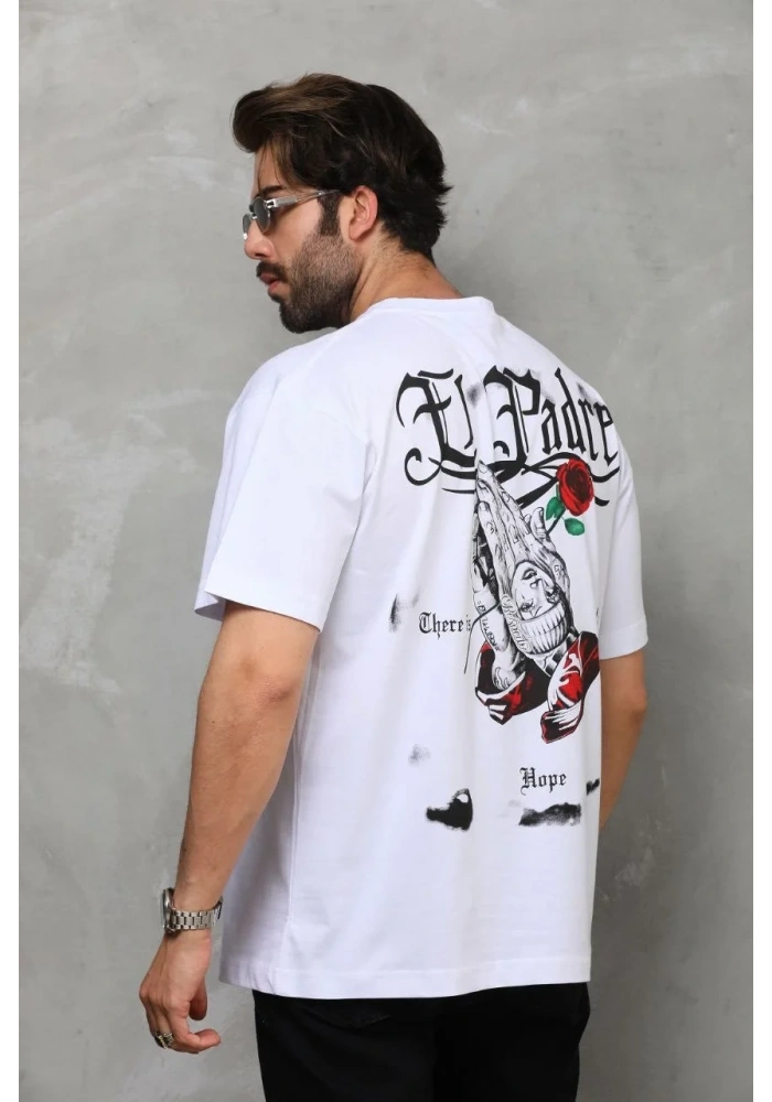 Erkek Kısa Kol Yazlık Tişört Bisiklet Yaka Baskılı Oversize T-Shirt - Beyaz