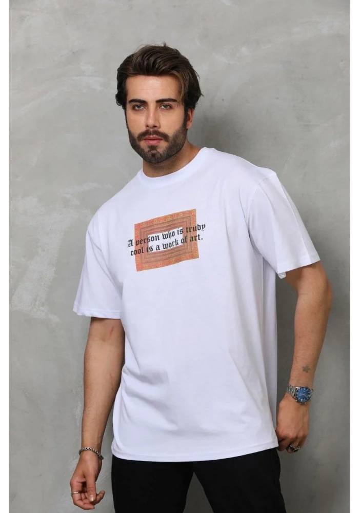 Erkek Baskılı T-Shirt Kısa Kol Bisiklet Yaka Regular Fit Rahat Kalıp Tişört -  Beyaz