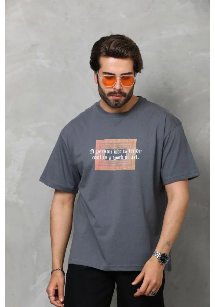 Erkek Baskılı T-Shirt Kısa Kol Bisiklet Yaka Regular Fit Rahat Kalıp Tişört -  Füme
