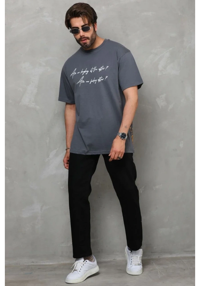 Erkek Kısa Kol Yazlık Tişört Bisiklet Yaka Baskılı Oversize T-Shirt - Füme