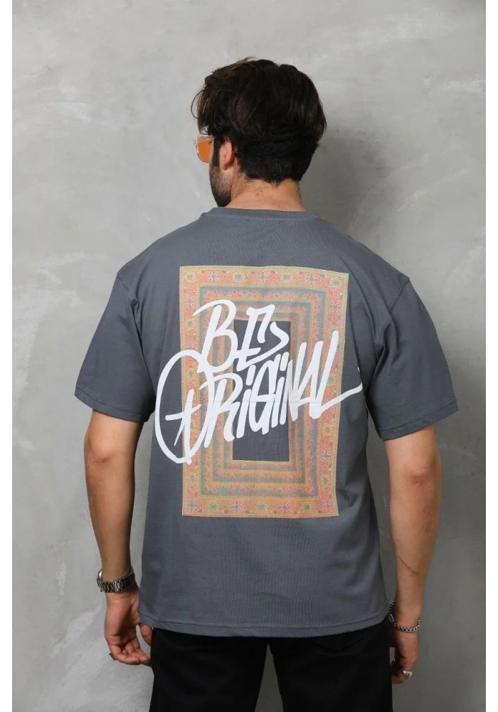 Erkek Baskılı T-Shirt Kısa Kol Bisiklet Yaka Regular Fit Rahat Kalıp Tişört -  Füme