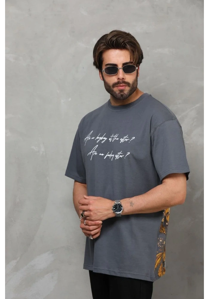 Erkek Kısa Kol Yazlık Tişört Bisiklet Yaka Baskılı Oversize T-Shirt - Füme