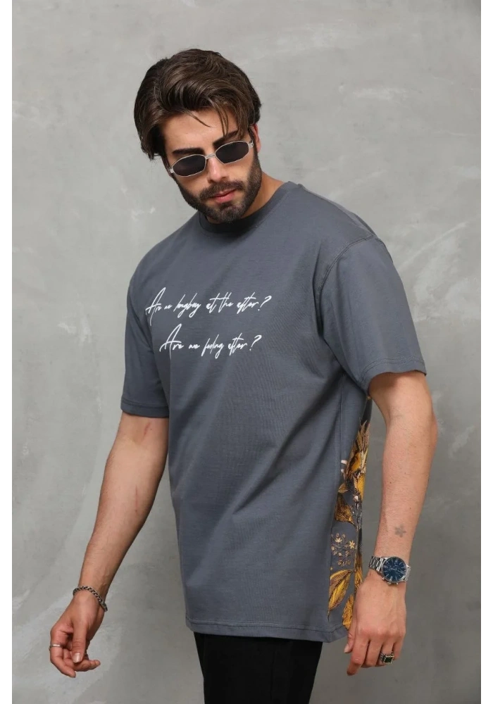 Erkek Kısa Kol Yazlık Tişört Bisiklet Yaka Baskılı Oversize T-Shirt - Füme