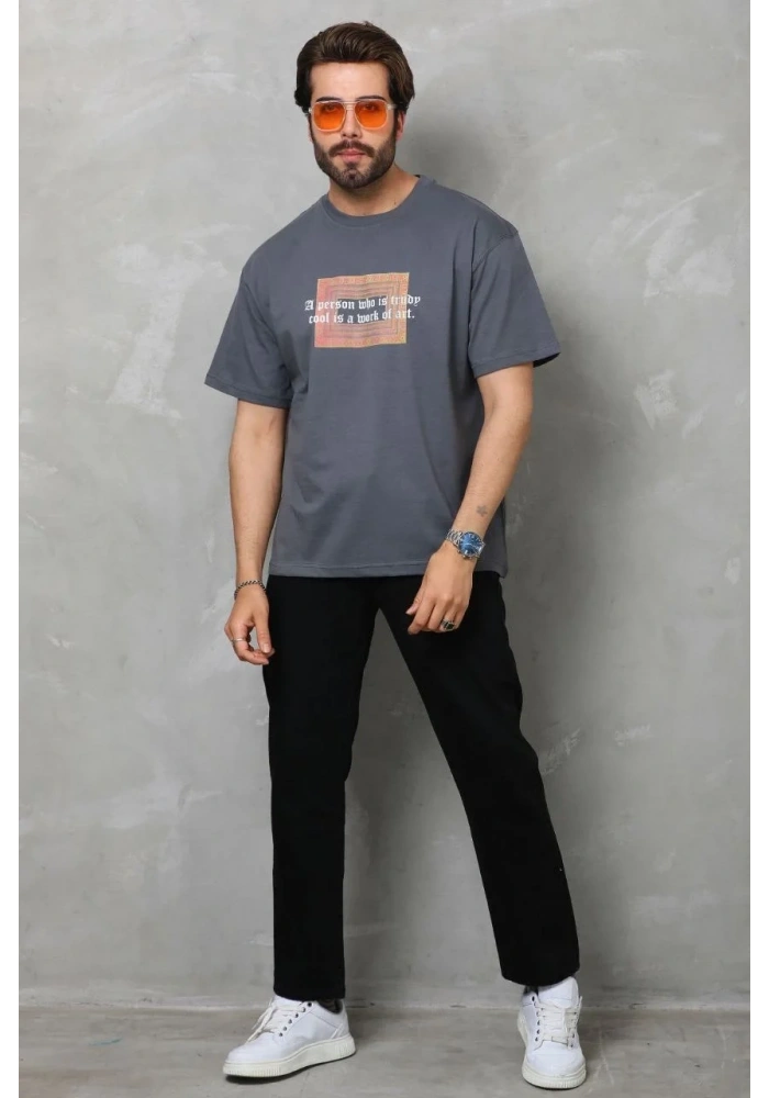 Erkek Baskılı T-Shirt Kısa Kol Bisiklet Yaka Regular Fit Rahat Kalıp Tişört -  Füme