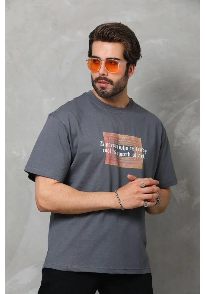 Erkek Baskılı T-Shirt Kısa Kol Bisiklet Yaka Regular Fit Rahat Kalıp Tişört -  Füme