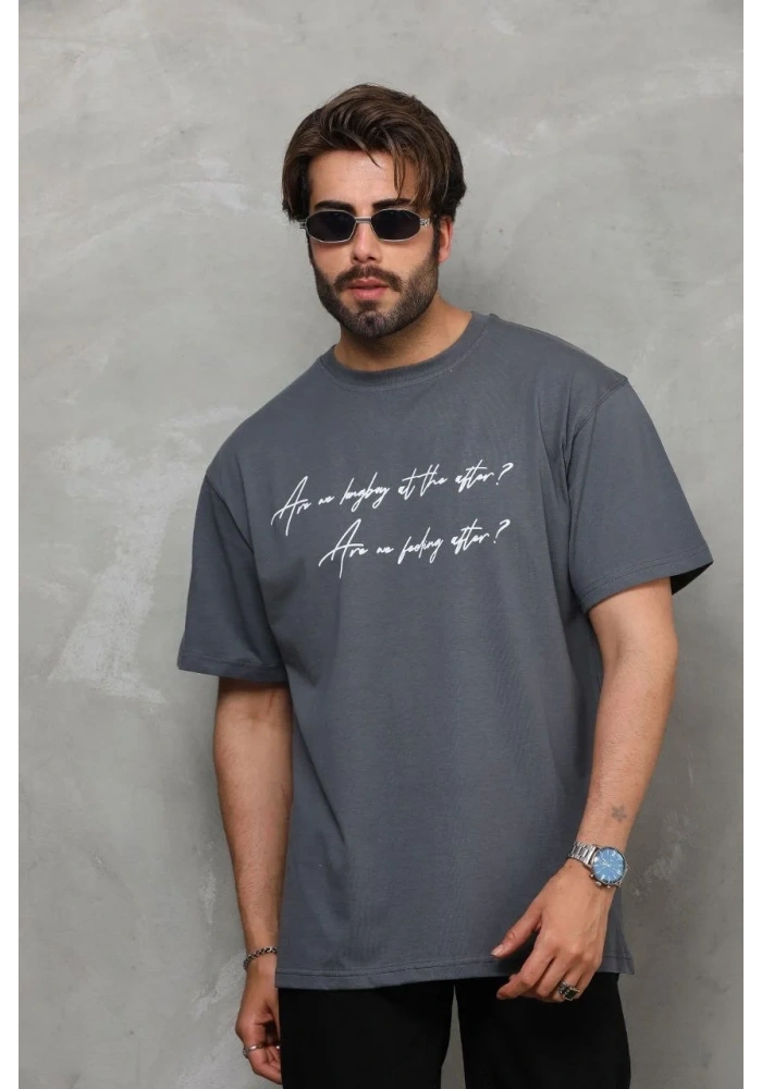 Erkek Kısa Kol Yazlık Tişört Bisiklet Yaka Baskılı Oversize T-Shirt - Füme