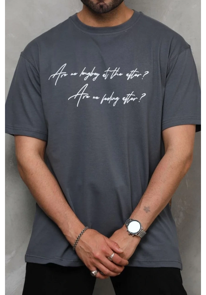 Erkek Kısa Kol Yazlık Tişört Bisiklet Yaka Baskılı Oversize T-Shirt - Füme