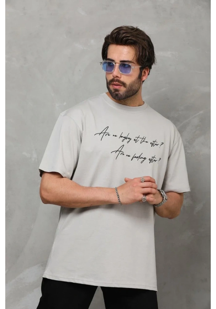 Erkek Kısa Kol Yazlık Tişört Bisiklet Yaka Baskılı Oversize T-Shirt - Gri