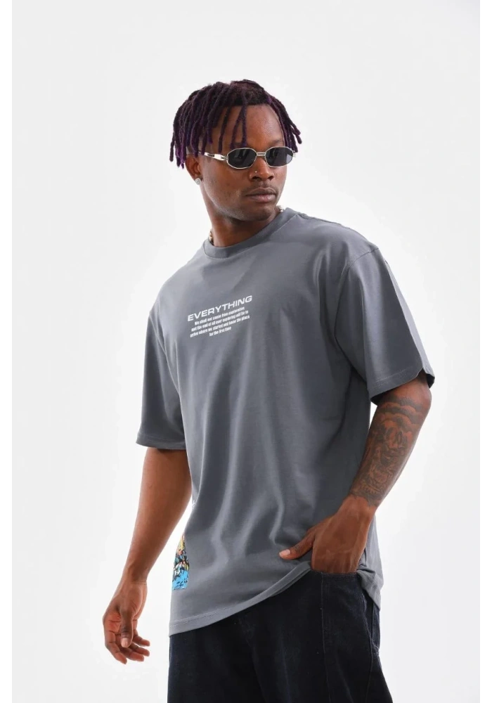 Erkek Tişort  Bisiklet Yaka Baskılı Oversize T-Shirt - Gri