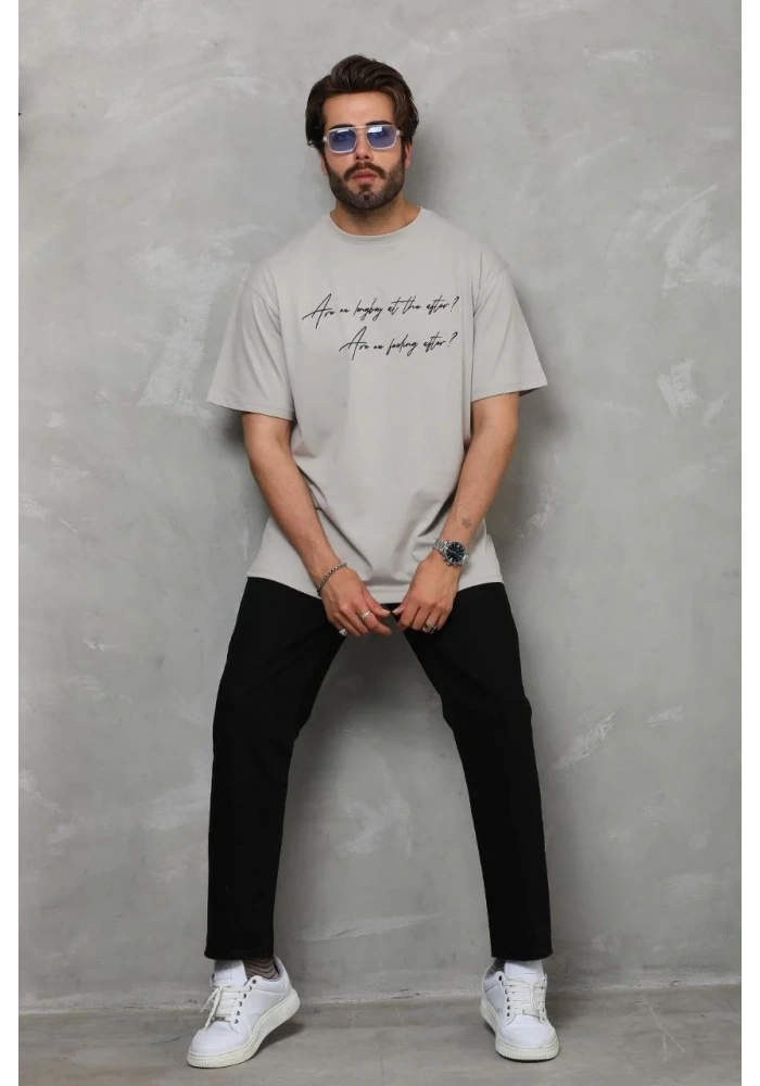 Erkek Kısa Kol Yazlık Tişört Bisiklet Yaka Baskılı Oversize T-Shirt - Gri