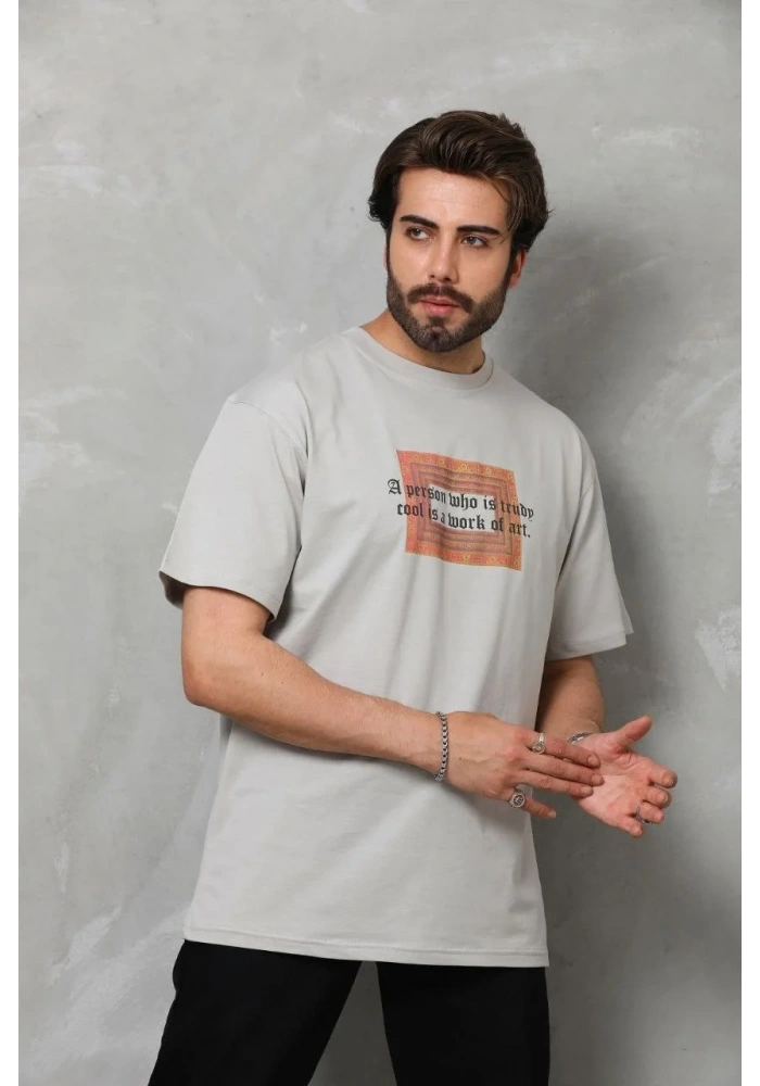 Erkek Baskılı T-Shirt Kısa Kol Bisiklet Yaka Regular Fit Rahat Kalıp Tişört -  Gri