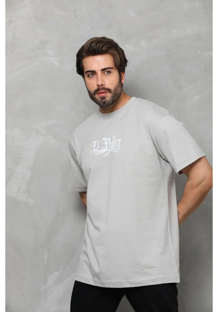 Erkek Kısa Kol Yazlık Tişört Bisiklet Yaka Baskılı Oversize T-Shirt - Gri