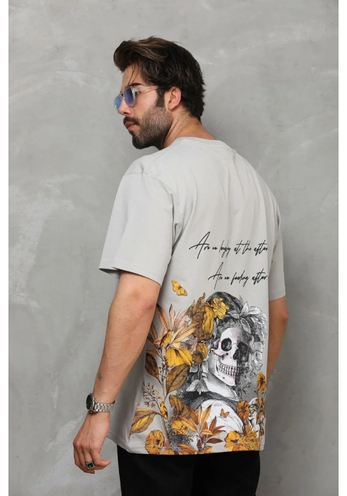 Erkek Kısa Kol Yazlık Tişört Bisiklet Yaka Baskılı Oversize T-Shirt - Gri