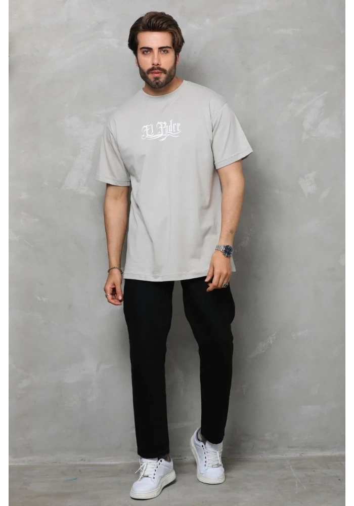 Erkek Kısa Kol Yazlık Tişört Bisiklet Yaka Baskılı Oversize T-Shirt - Gri