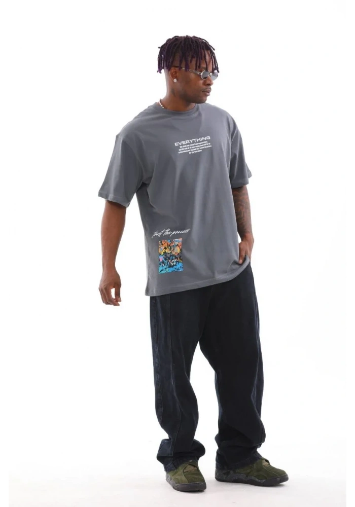 Erkek Tişort  Bisiklet Yaka Baskılı Oversize T-Shirt - Gri