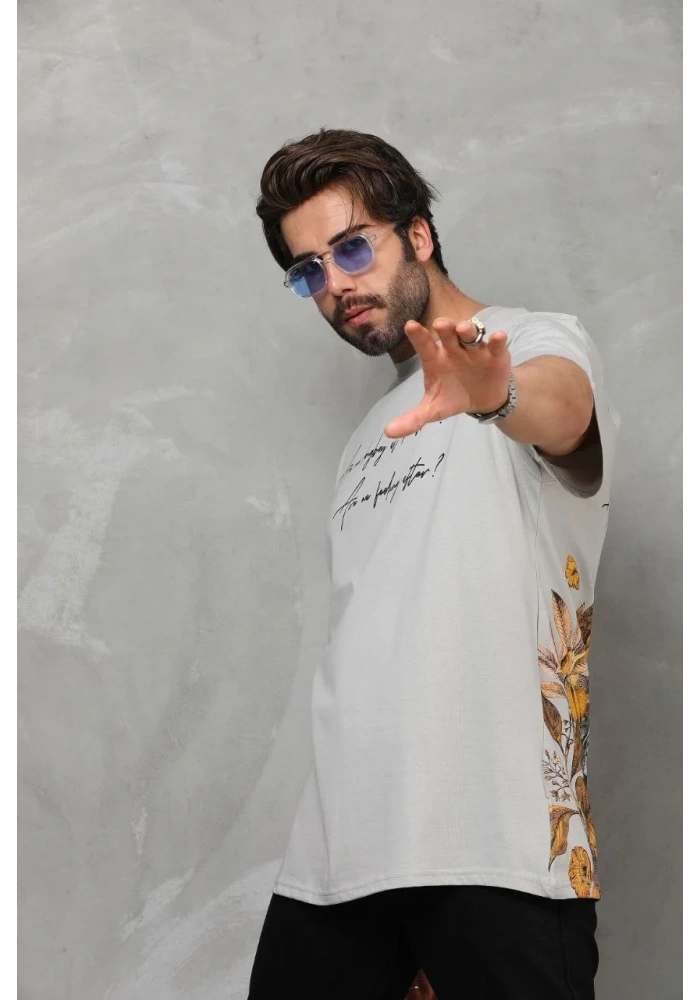 Erkek Kısa Kol Yazlık Tişört Bisiklet Yaka Baskılı Oversize T-Shirt - Gri