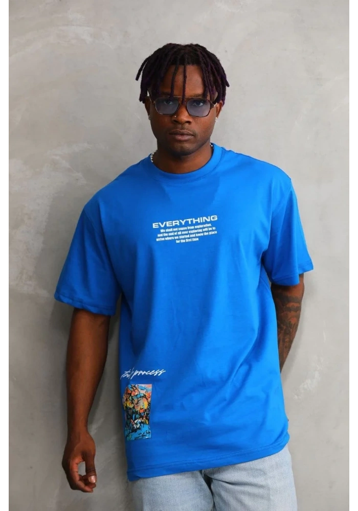 Erkek Bisiklet Yaka Baskılı Oversize T-Shirt - Mavi