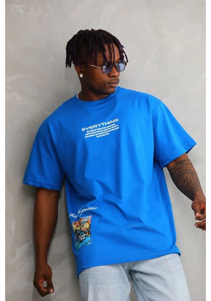 Erkek Bisiklet Yaka Baskılı Oversize T-Shirt - Mavi