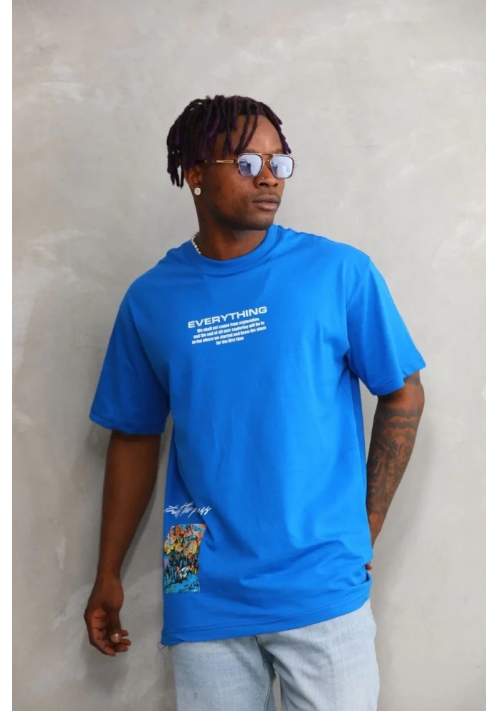 Erkek Bisiklet Yaka Baskılı Oversize T-Shirt - Mavi