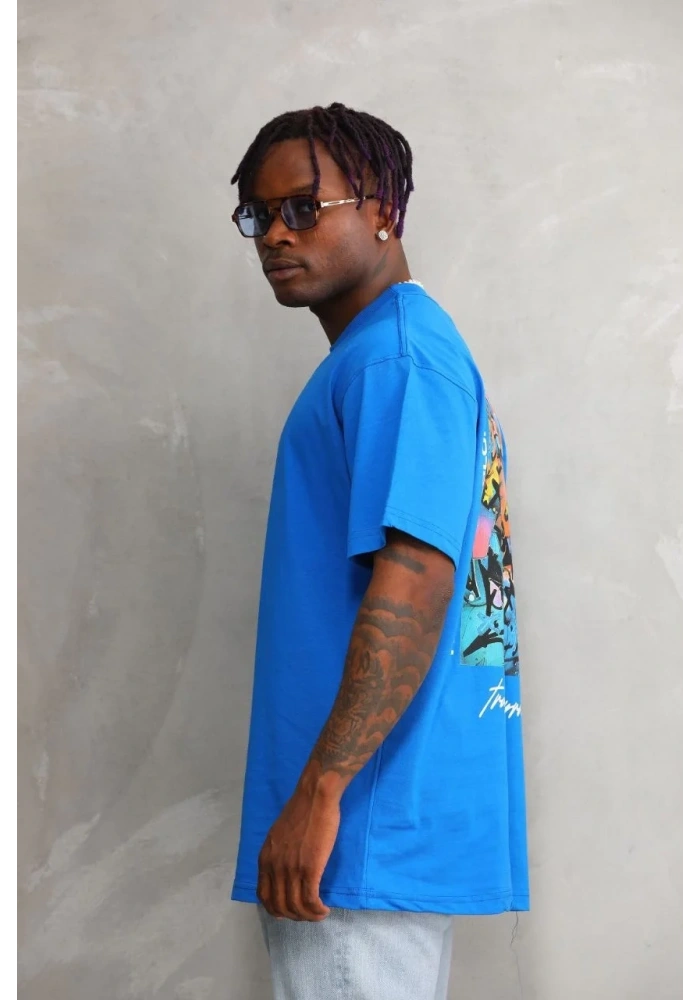 Erkek Bisiklet Yaka Baskılı Oversize T-Shirt - Mavi