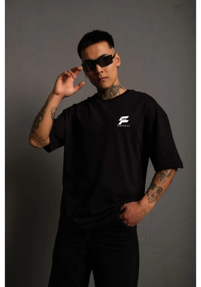 Erkek Kısa Kol Yazlık Tişört Bisiklet Yaka Baskılı Oversize T-Shirt - Siyah