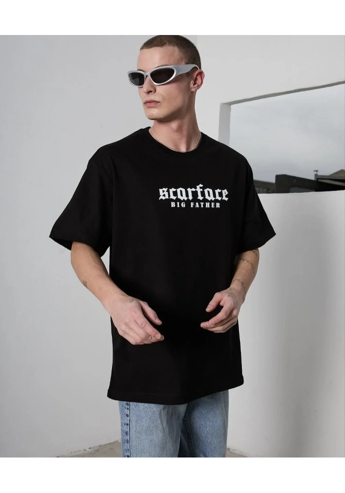 Erkek Kısa Kol Yazlık Tişört Bisiklet Yaka Baskılı Oversize T-Shirt - Siyah