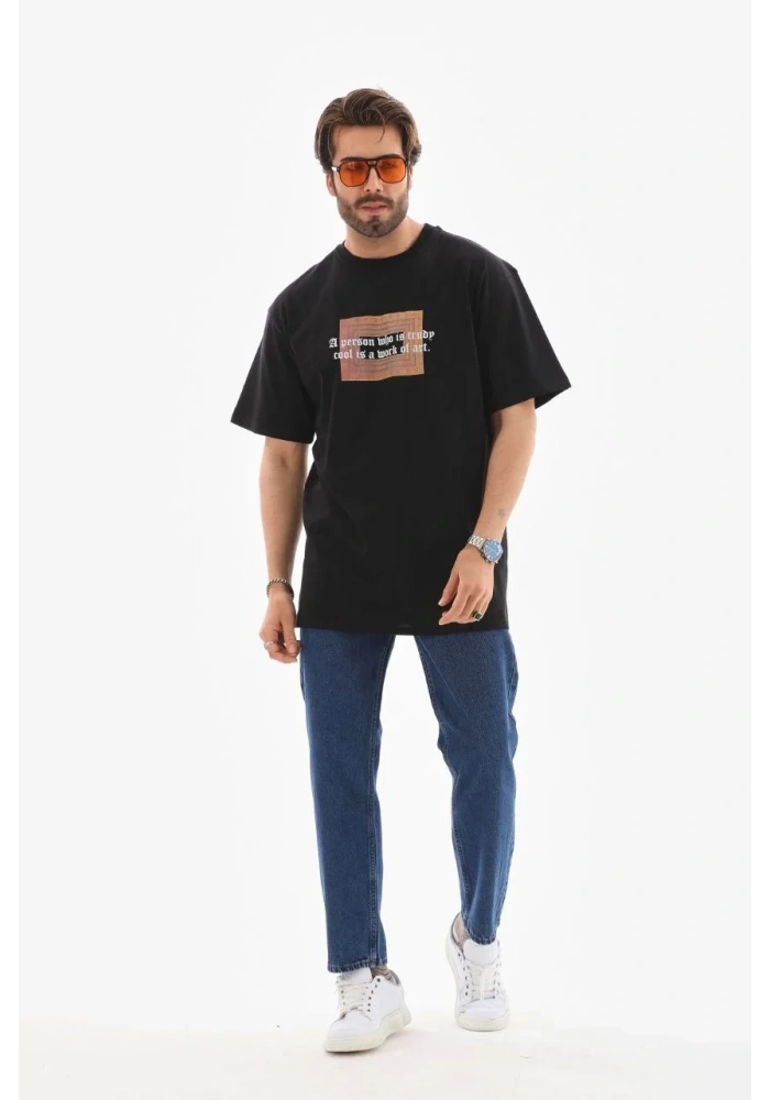 Erkek Baskılı T-Shirt Kısa Kol Bisiklet Yaka Regular Fit Rahat Kalıp Tişört -  Siyah