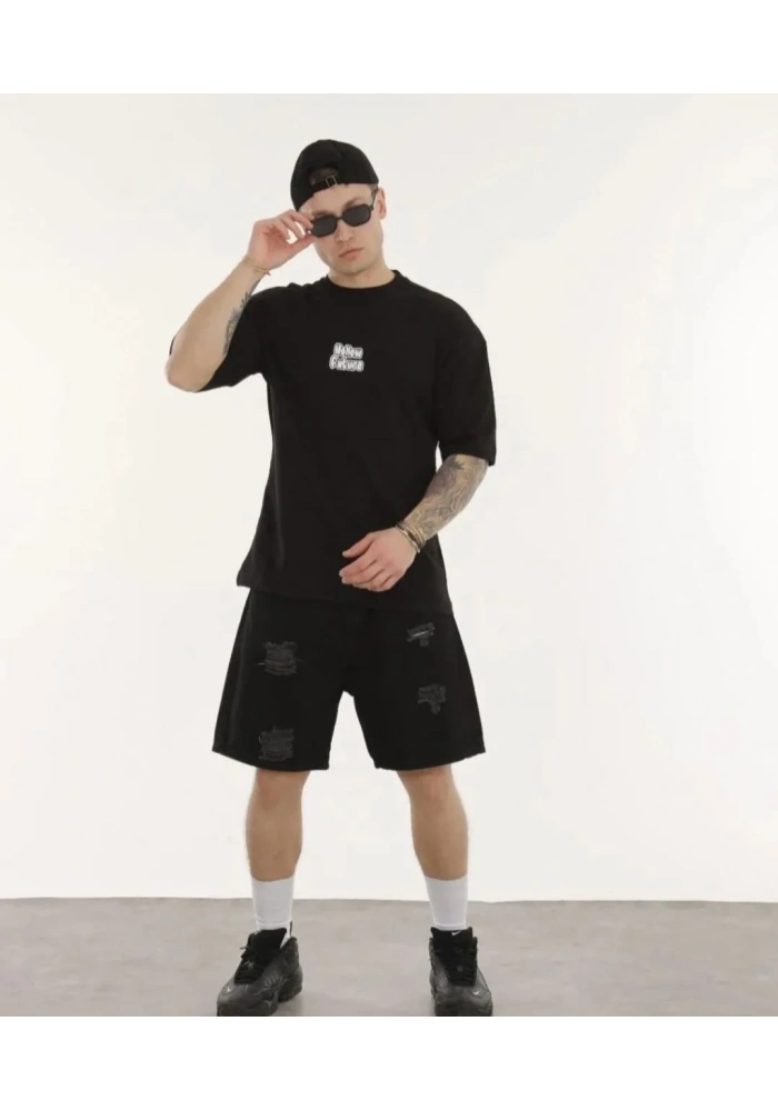 Erkek Kısa Kol Yazlık Tişört Bisiklet Yaka Baskılı Oversize T-Shirt - Siyah