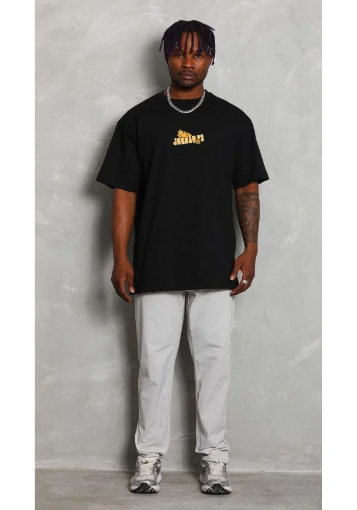 Erkek Kısa Kol Yazlık Tişört Bisiklet Yaka Baskılı Oversize T-Shirt - Siyah